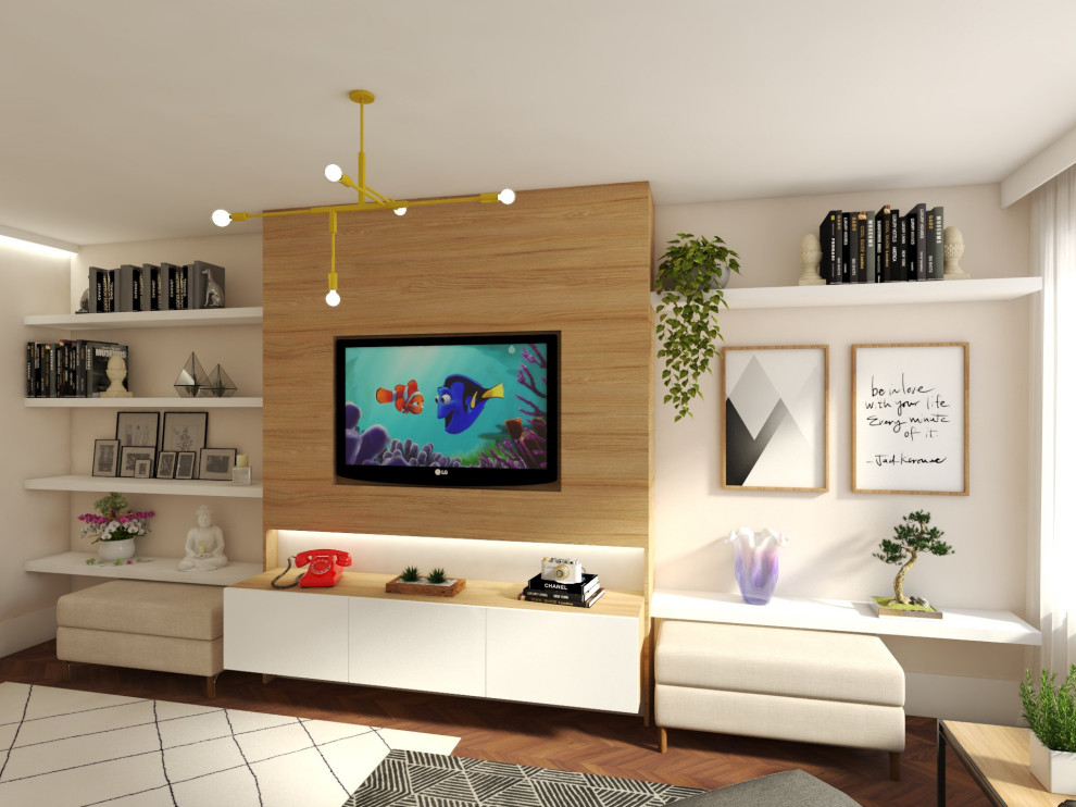 Inspiration pour un petit salon design fermé avec une salle de réception, un mur beige, sol en stratifié, un téléviseur fixé au mur et un sol marron.
