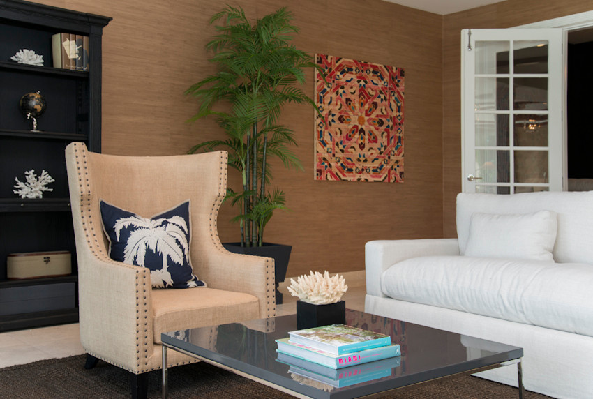 Design ideas for a large world-inspired enclosed living room in Miami with beige walls.
