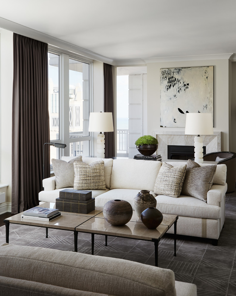 Mid-sized transitional formal brown floor and dark wood floor living room photo in Chicago with beige walls, a standard fireplace, a tile fireplace and no tv