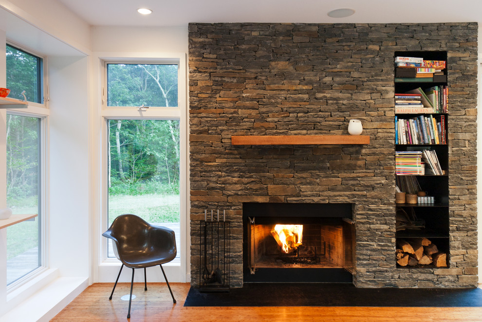 Inspiration pour un salon minimaliste avec une cheminée standard, un manteau de cheminée en pierre et un mur en pierre.