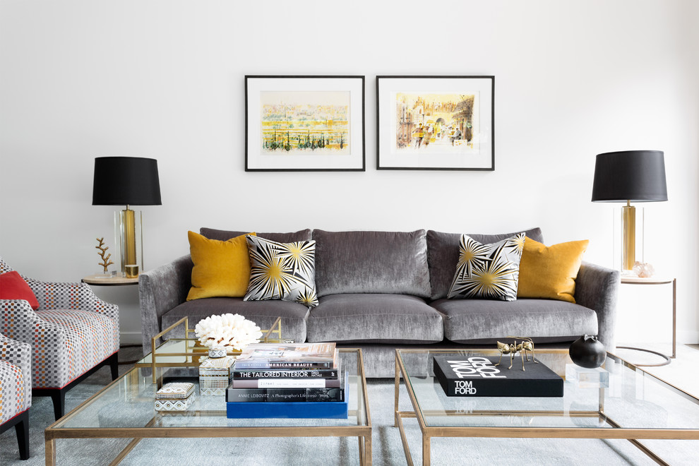 Example of a transitional living room design in Melbourne with white walls