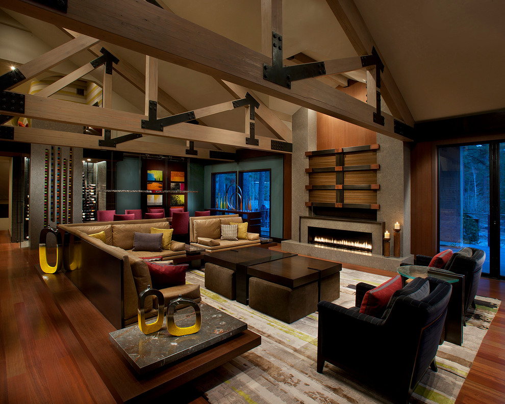 Inspiration pour un salon design ouvert avec une salle de réception, un sol en bois brun et une cheminée ribbon.