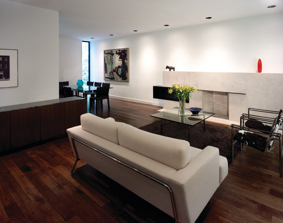 Design ideas for a contemporary open plan living room in Toronto with white walls.