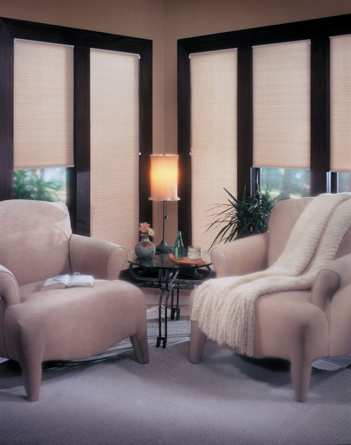 Cellular Shades add privacy and reduce glare in this sitting room