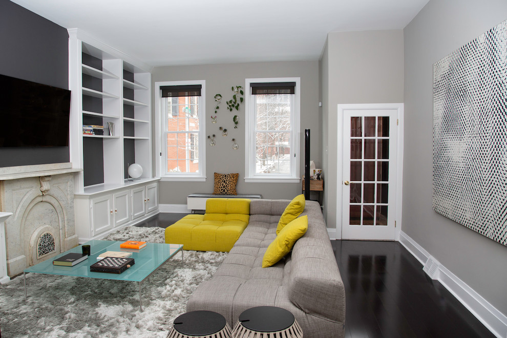 Modern living room in Philadelphia with grey walls.