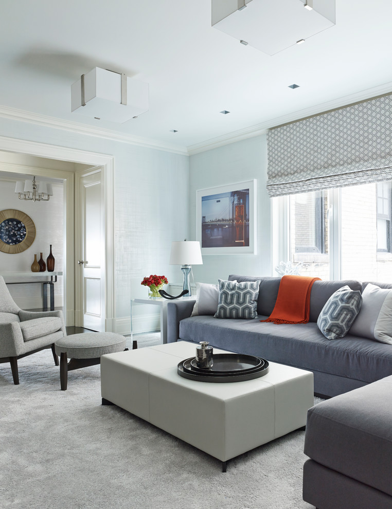 Design ideas for a contemporary formal enclosed living room in New York with blue walls.
