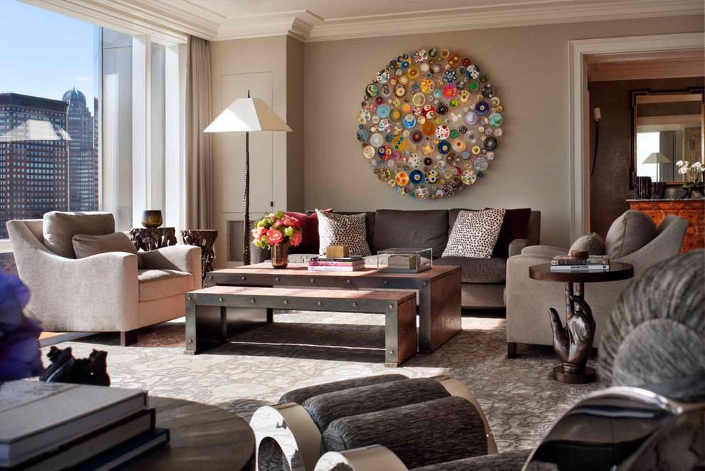 This is an example of a contemporary living room in New York with beige walls.
