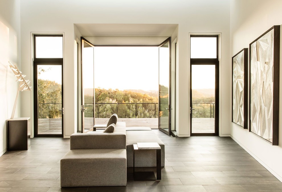 Esempio di un grande soggiorno contemporaneo aperto con sala formale, pareti bianche, parquet scuro e pavimento marrone