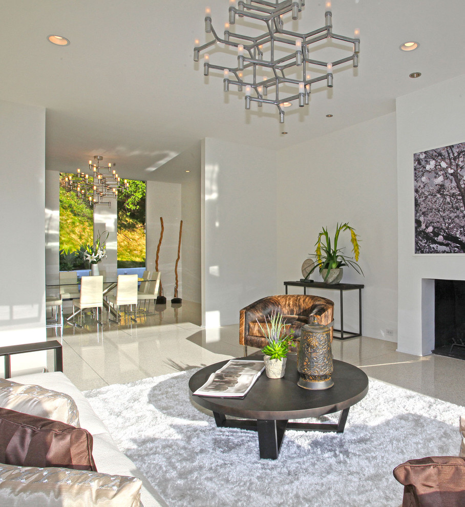 Пример оригинального дизайна: гостиная комната в стиле ретро с белыми стенами и стандартным камином