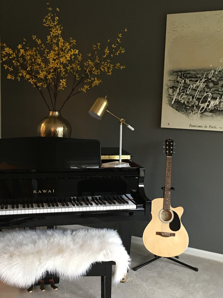 Example of a mid-sized transitional enclosed carpeted living room design in Minneapolis with a music area and gray walls