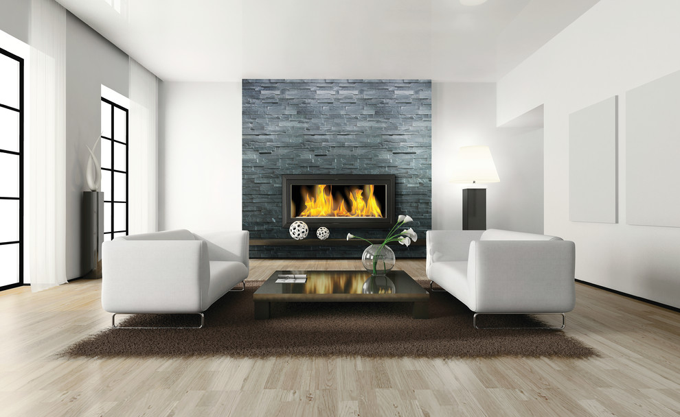 Inspiration for a mid-sized modern enclosed light wood floor living room remodel in Toronto with white walls, a ribbon fireplace, a stone fireplace and no tv