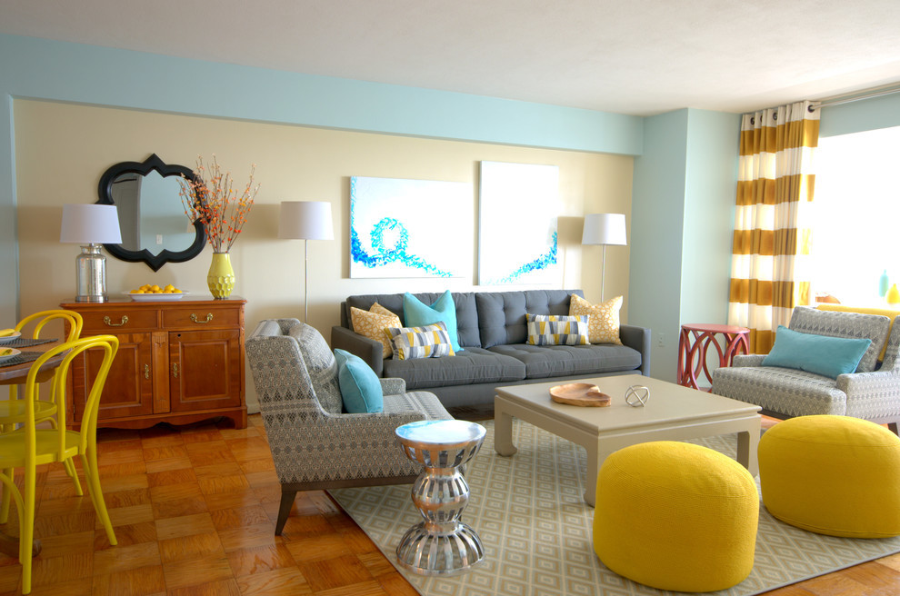 Esempio di un soggiorno moderno di medie dimensioni e chiuso con sala formale, pareti blu, pavimento con piastrelle in ceramica, nessun camino e nessuna TV