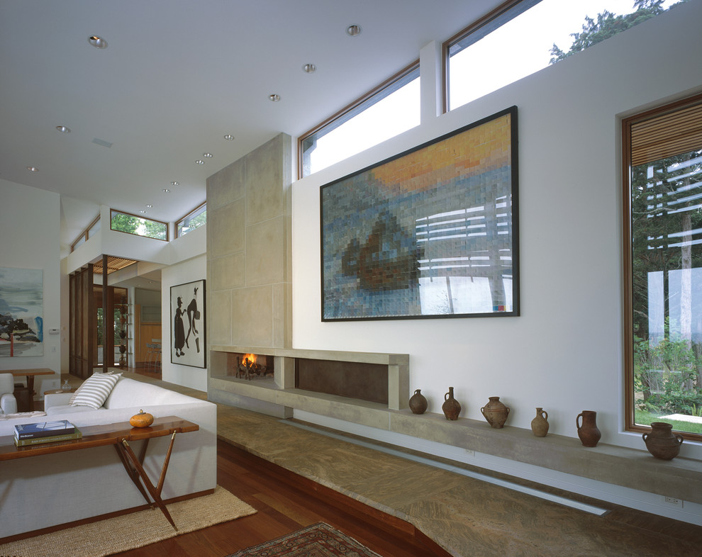 Imagen de salón abierto contemporáneo extra grande sin televisor con paredes blancas, suelo de madera en tonos medios, todas las chimeneas y marco de chimenea de hormigón