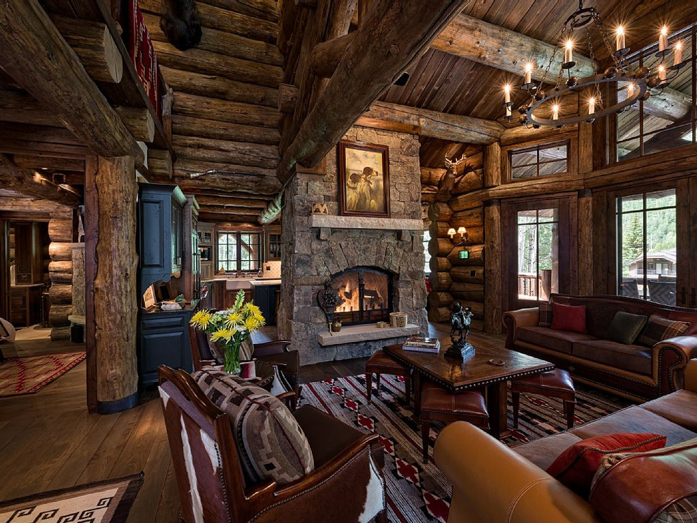 Medium sized rustic formal open plan living room in Denver with brown walls, light hardwood flooring, a standard fireplace, a stone fireplace surround and no tv.