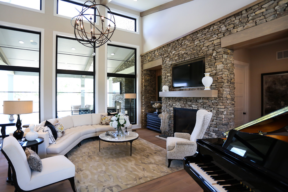 Стильный дизайн: гостиная комната в стиле кантри с музыкальной комнатой - последний тренд