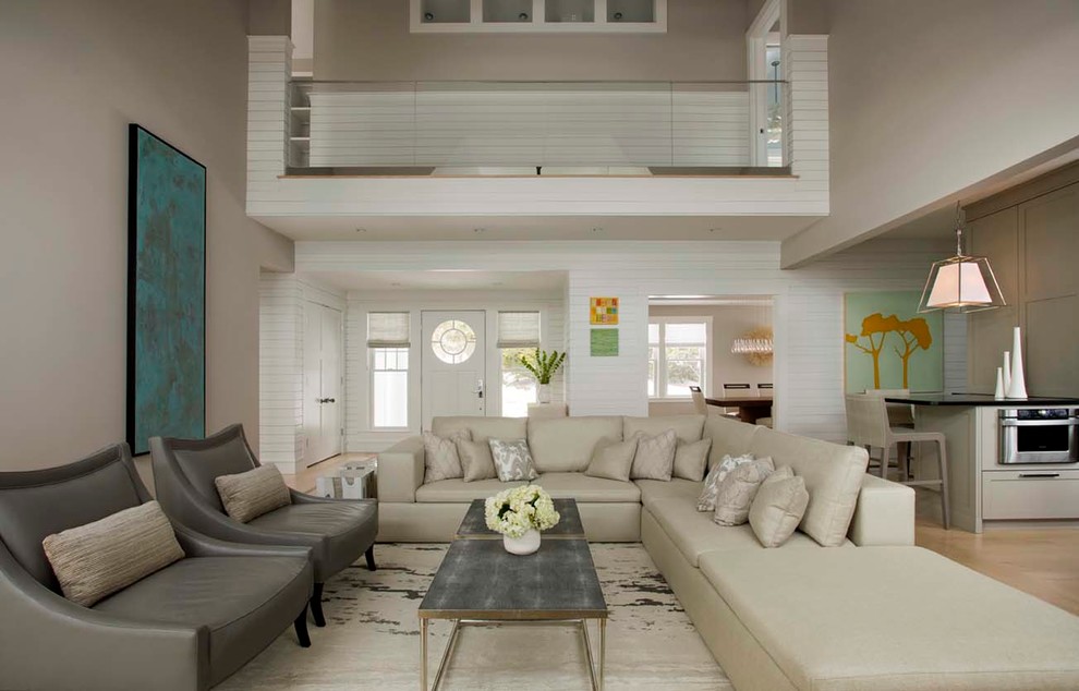 Example of a beach style living room design in Boston