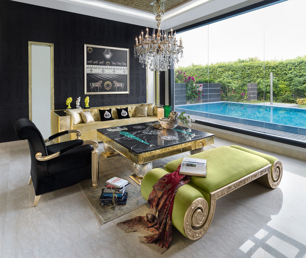 Ispirazione per un soggiorno eclettico chiuso con sala formale, pareti nere, pavimento in marmo e pavimento beige