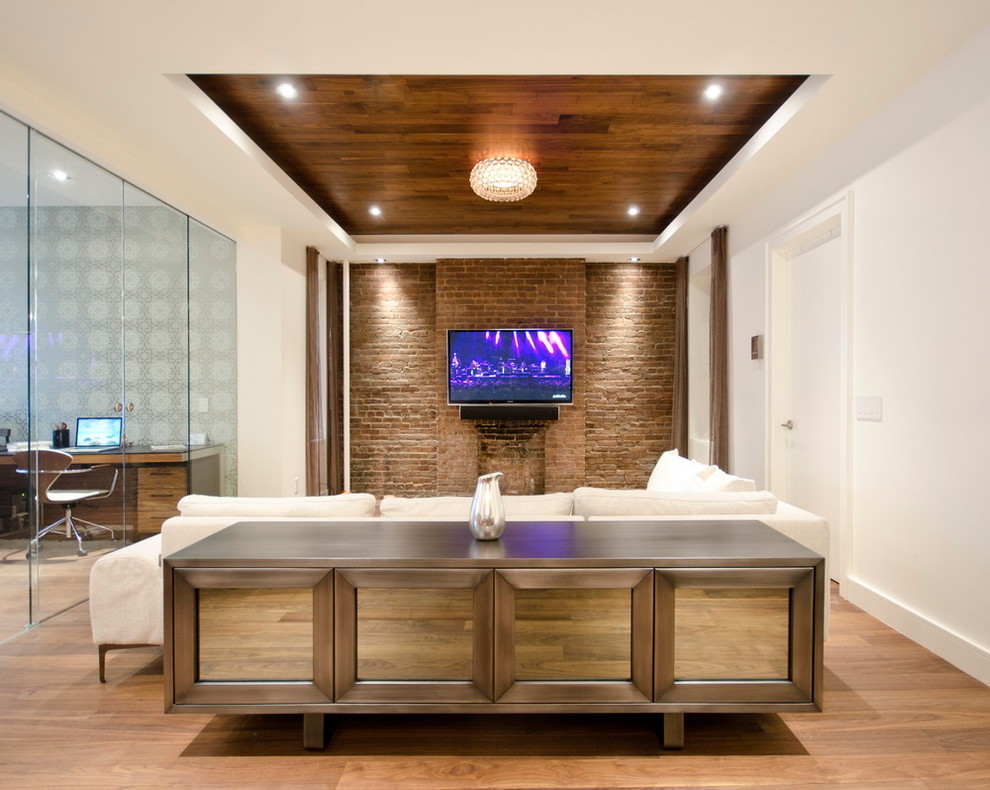 Living room - contemporary living room idea in New York with white walls