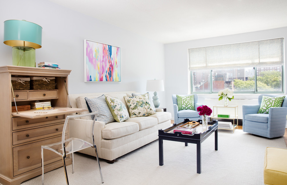 Mid-sized transitional formal and enclosed medium tone wood floor and brown floor living room photo in New York with white walls, no fireplace and no tv