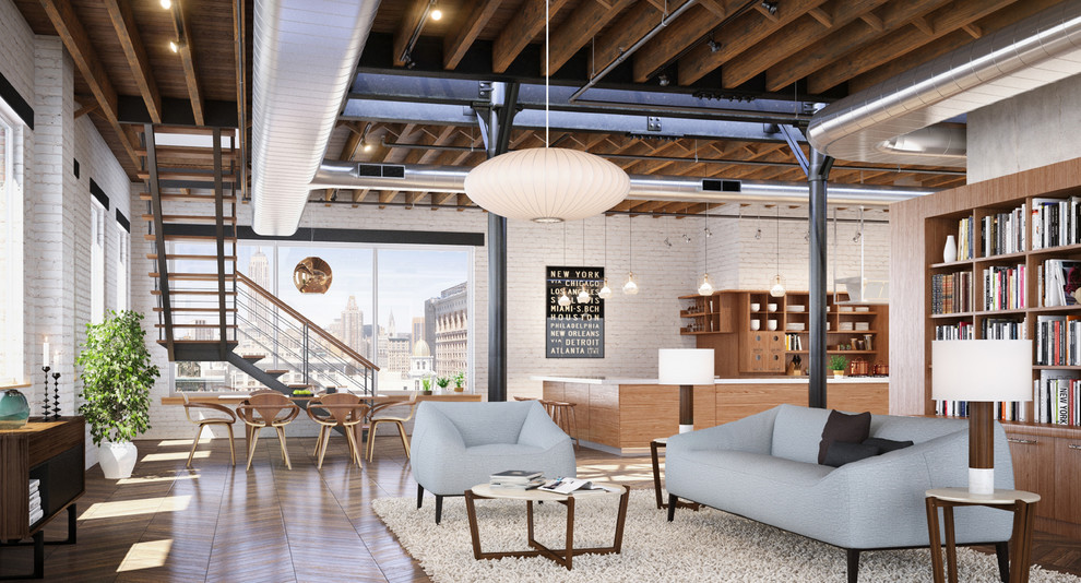 Living room - industrial formal medium tone wood floor living room idea in New York with white walls, no fireplace and no tv