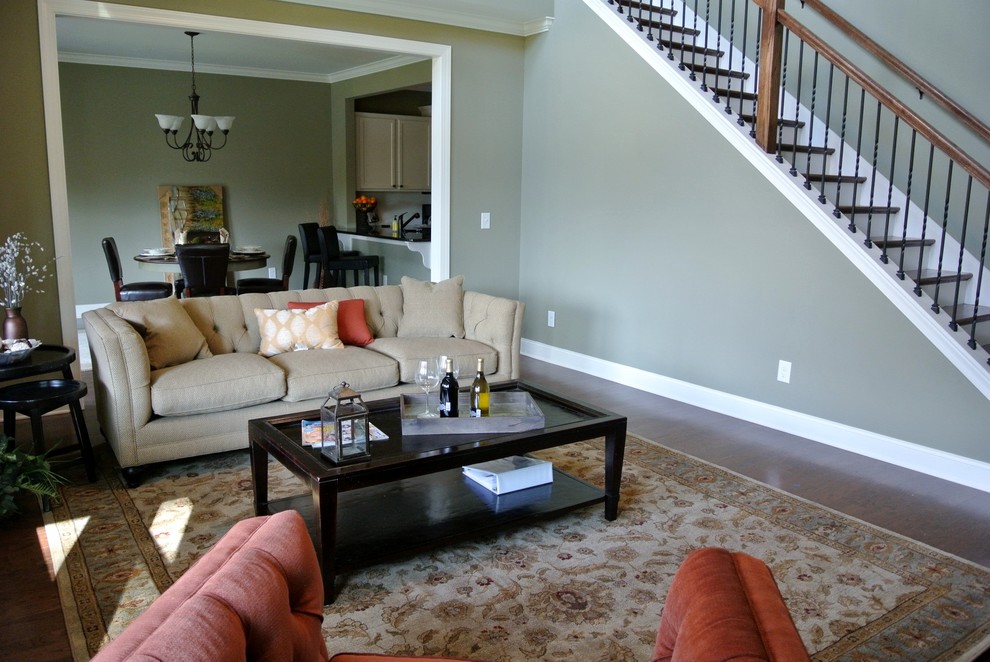 Medium sized classic open plan living room in Atlanta with grey walls and medium hardwood flooring.