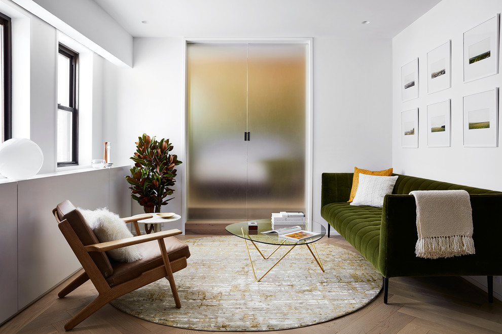 Repräsentatives, Kleines, Abgetrenntes Modernes Wohnzimmer ohne Kamin mit weißer Wandfarbe, hellem Holzboden und braunem Boden in New York