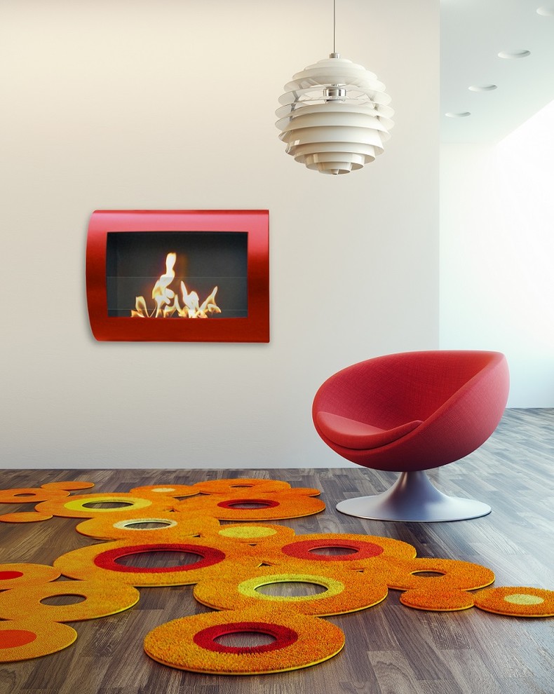 Inspiration for a large modern living room in New York with a hanging fireplace.