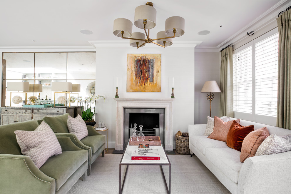 This is an example of a medium sized contemporary enclosed living room in London with grey walls, medium hardwood flooring, a standard fireplace and brown floors.