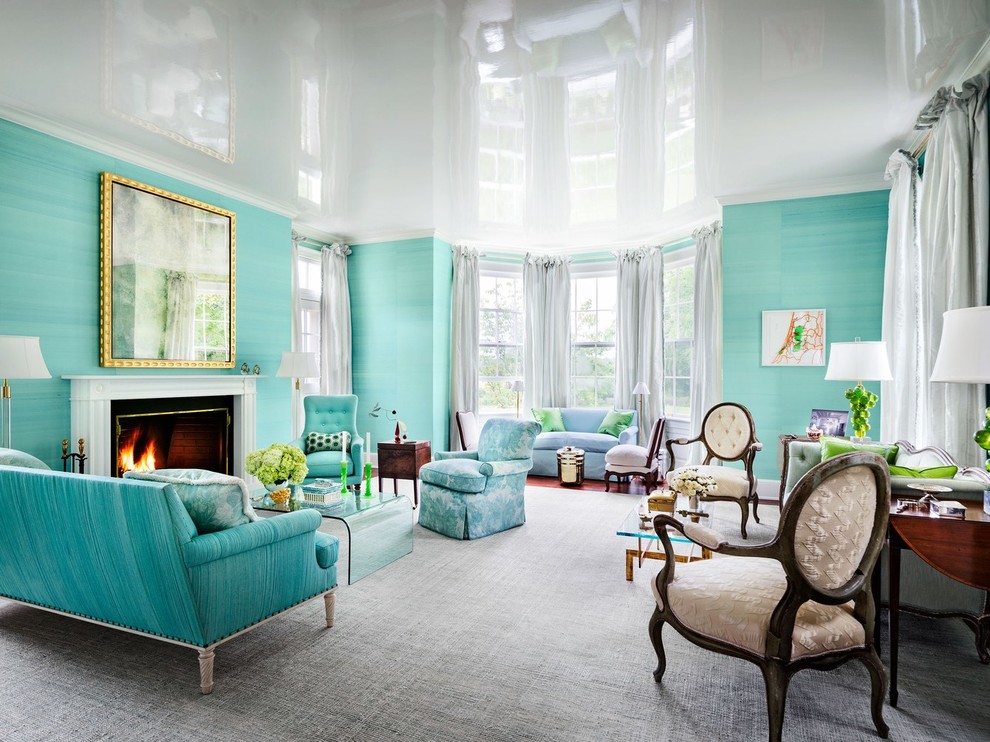 Design ideas for a medium sized classic formal and grey and teal open plan living room in New York with green walls, carpet, a standard fireplace, a wooden fireplace surround, no tv and grey floors.
