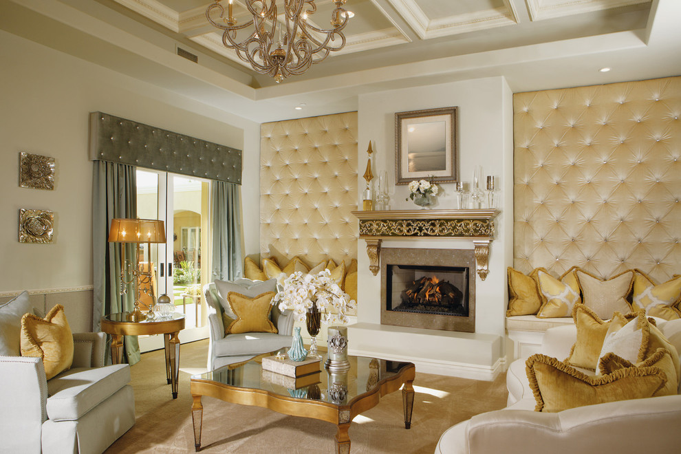 Huge ornate formal and open concept carpeted living room photo in Phoenix with a tile fireplace, a standard fireplace, a wall-mounted tv and beige walls