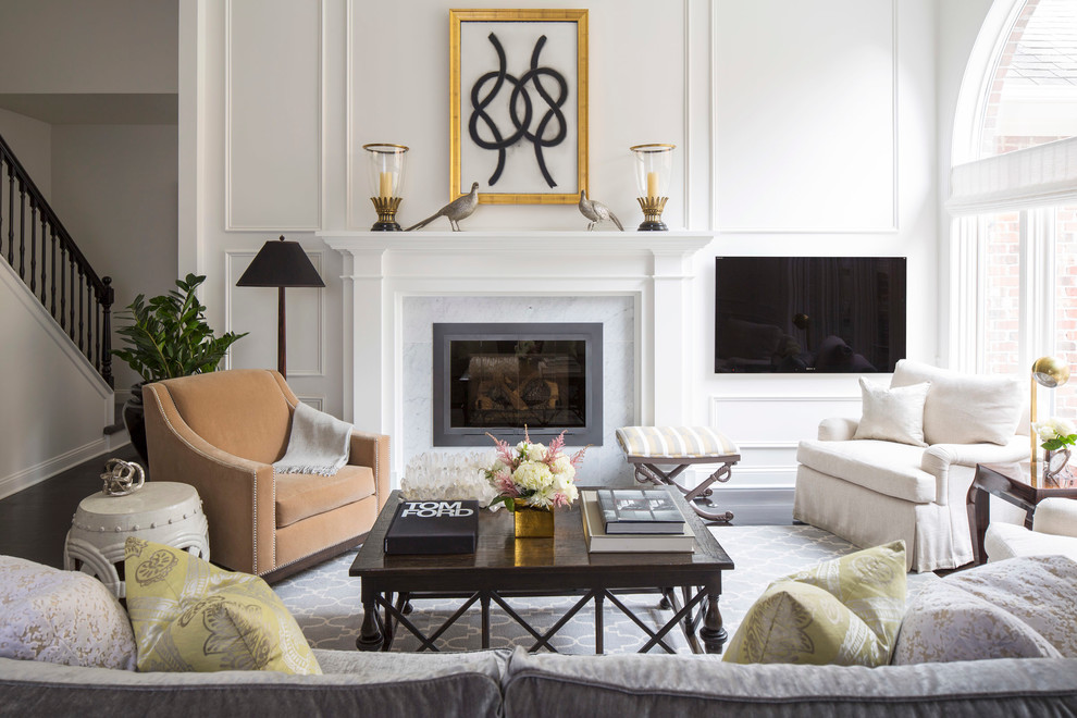 Design ideas for a classic formal open plan living room in Minneapolis with white walls, a standard fireplace, a wall mounted tv and a stone fireplace surround.