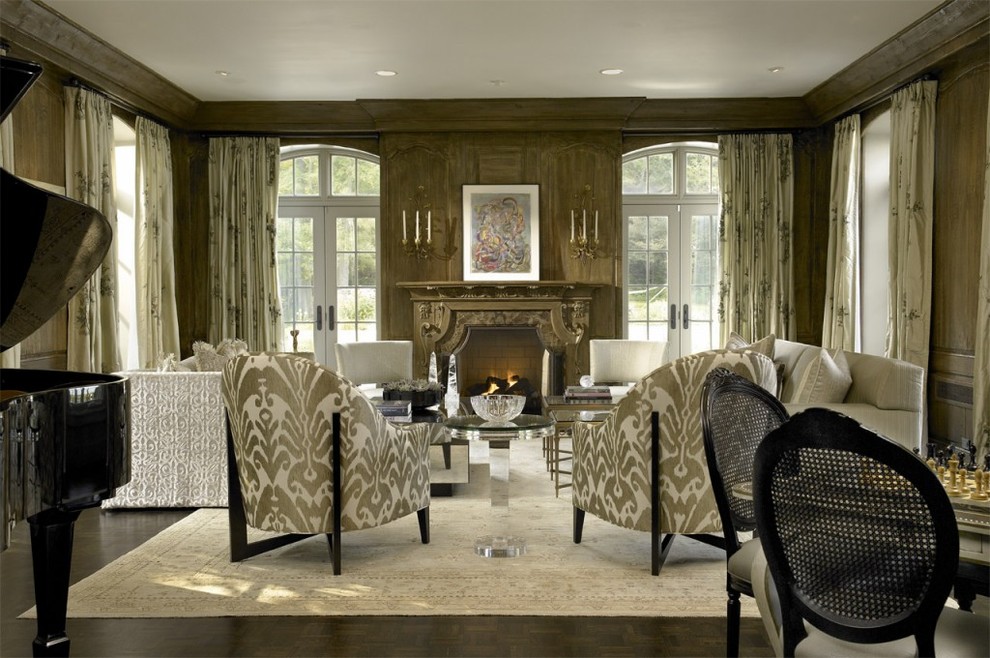 Photo of a large traditional enclosed living room in Chicago with a music area, brown walls, dark hardwood flooring, a standard fireplace, a wooden fireplace surround and no tv.