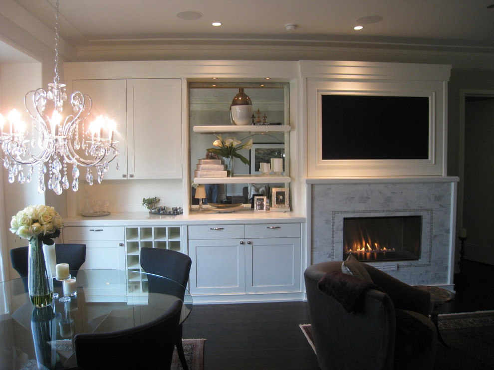 Mid-sized elegant formal and enclosed living room photo in Chicago with a standard fireplace, a tile fireplace and a media wall