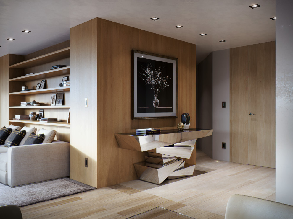 На фото: парадная, открытая гостиная комната среднего размера в современном стиле с коричневыми стенами, полом из бамбука, коричневым полом и деревянными стенами без телевизора