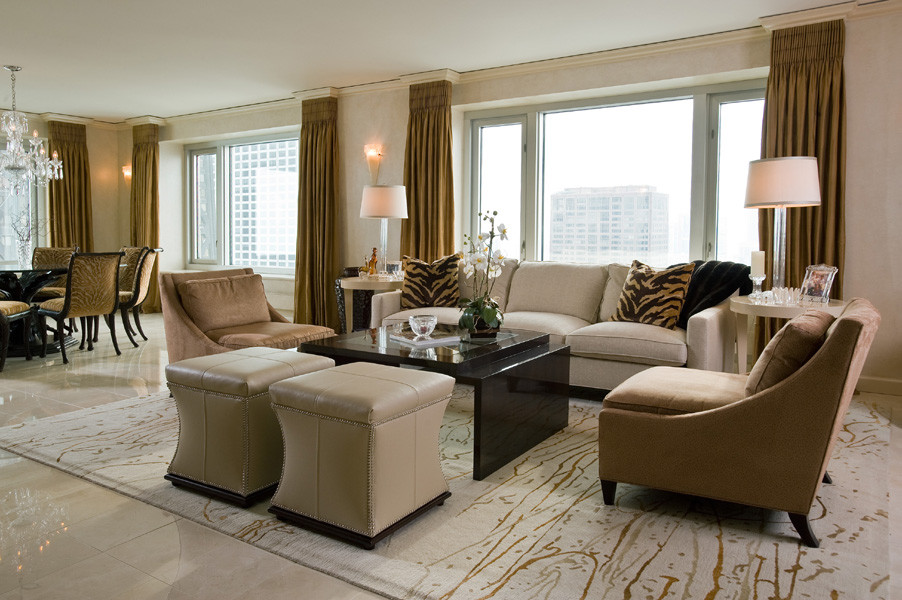 Mid-sized trendy formal and open concept carpeted living room photo in Chicago with beige walls and no fireplace