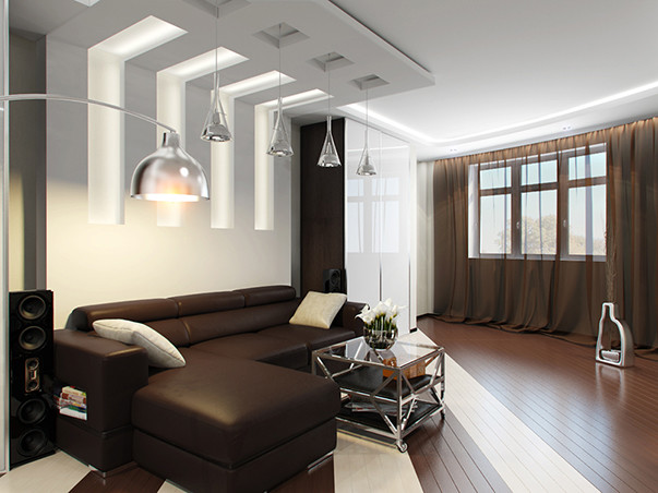 Contemporary living room in Toronto with white walls, dark hardwood flooring and a wall mounted tv.