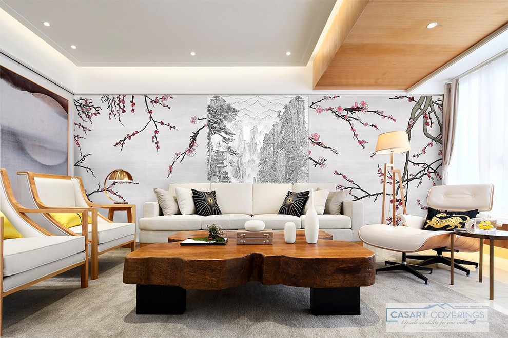 Inspiration för asiatiska separata vardagsrum, med flerfärgade väggar
