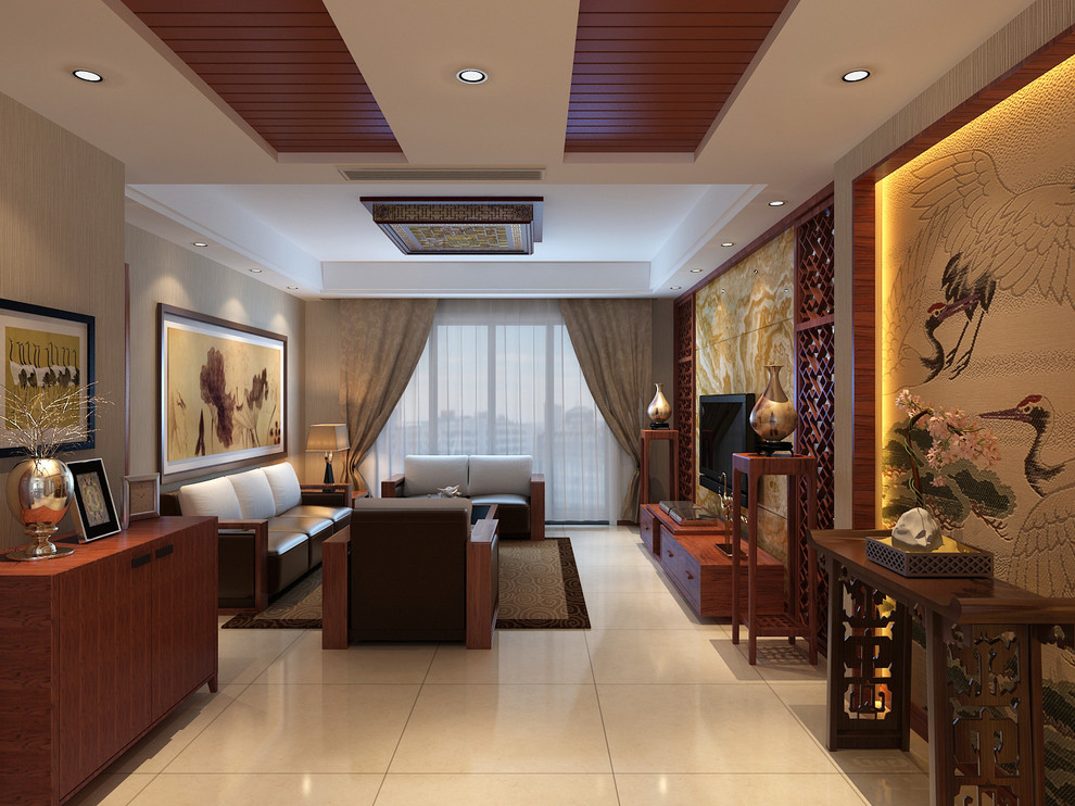 Imagen de salón para visitas abierto asiático de tamaño medio sin chimenea con paredes grises, suelo de piedra caliza y televisor colgado en la pared