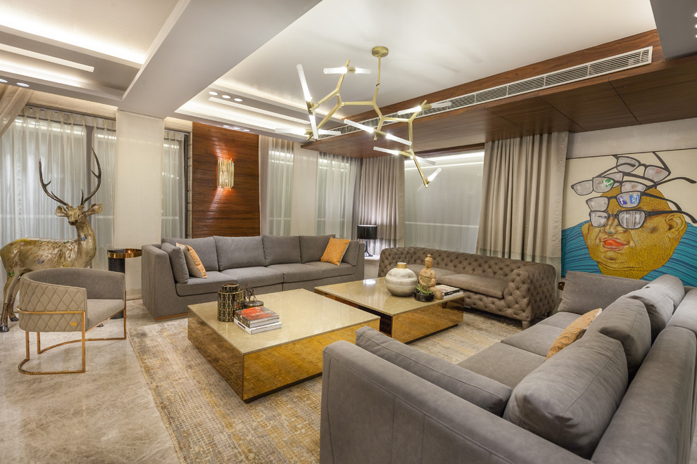 Идея дизайна: большая гостиная комната в современном стиле с мраморным полом