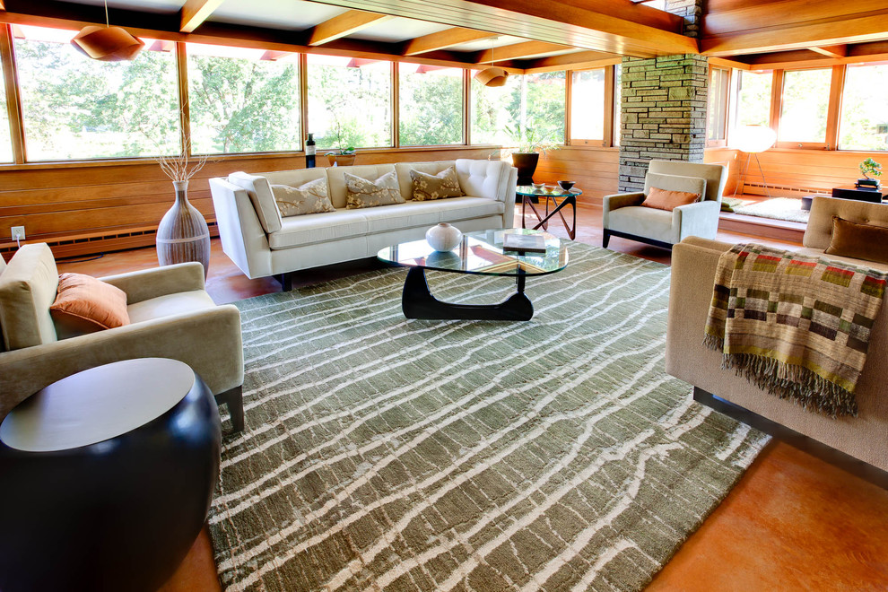 Living room - large mid-century modern living room idea in Milwaukee