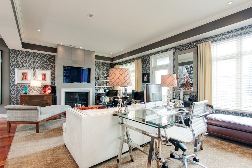 Large trendy open concept medium tone wood floor living room photo in Philadelphia with gray walls, a standard fireplace, a tile fireplace and a media wall
