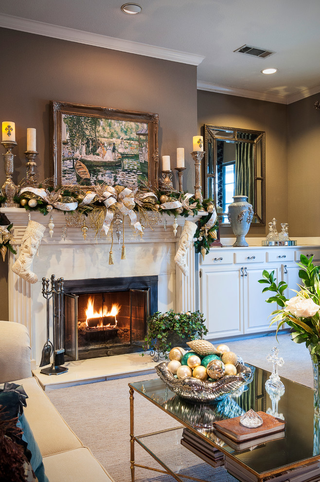Example of a classic living room design in Dallas with brown walls