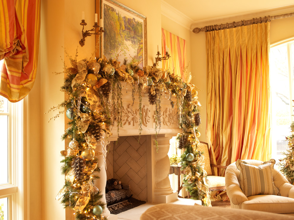 Example of an ornate living room design in Houston with yellow walls