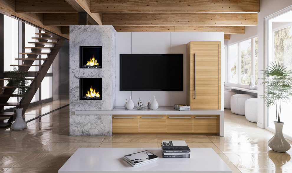 На фото: гостиная комната среднего размера в современном стиле с белыми стенами, полом из сланца, телевизором на стене, фасадом камина из камня и бежевым полом
