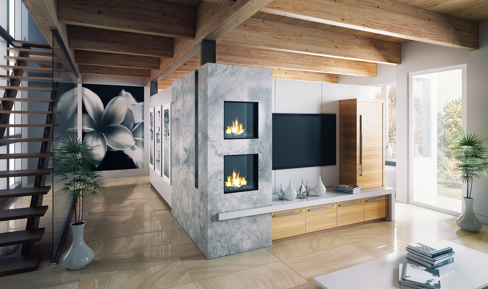 Diseño de salón contemporáneo de tamaño medio con paredes blancas, suelo de baldosas de porcelana, marco de chimenea de piedra, televisor colgado en la pared y suelo beige