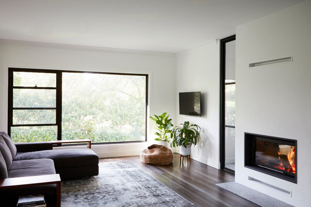 Photo of a large scandinavian open plan living room in Wollongong with white walls, dark hardwood flooring, a two-sided fireplace, a plastered fireplace surround, a wall mounted tv and black floors.