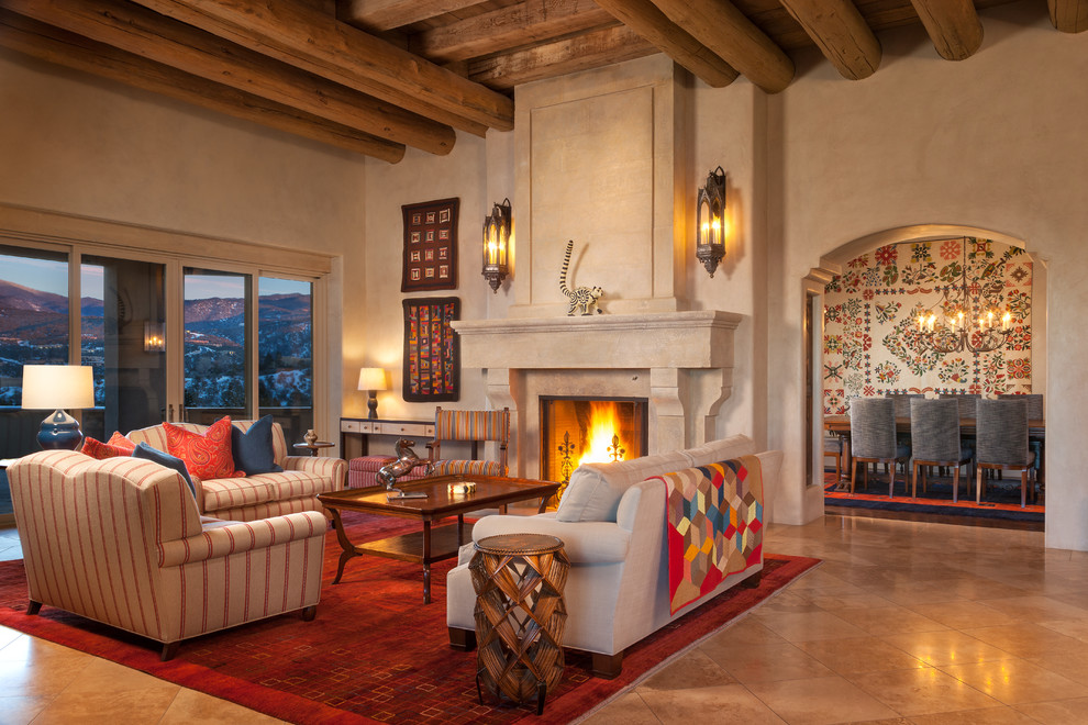 Large formal open plan living room in Albuquerque with a standard fireplace, no tv, beige walls, dark hardwood flooring and a stone fireplace surround.