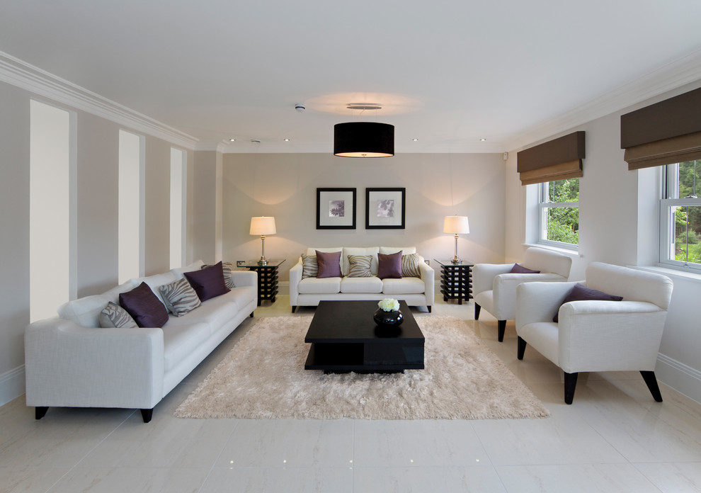 Idee per un soggiorno design chiuso con sala formale, pareti bianche e pavimento in gres porcellanato