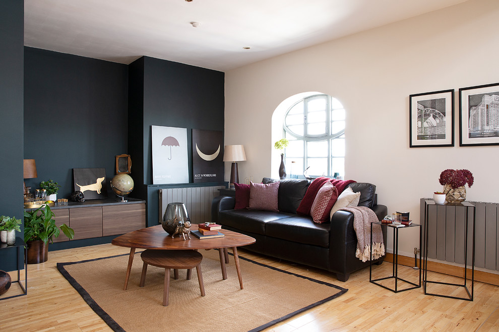 Mid-sized transitional enclosed and formal light wood floor and beige floor living room photo in Other with beige walls