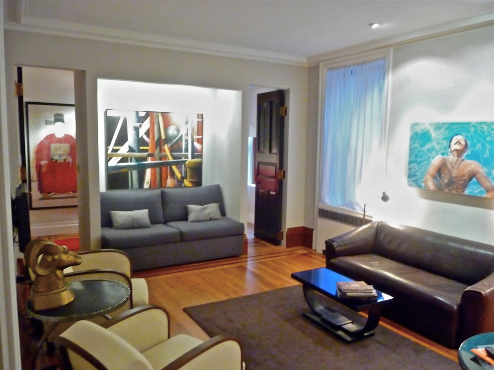 Example of a mid-sized trendy enclosed dark wood floor living room design in New York with white walls